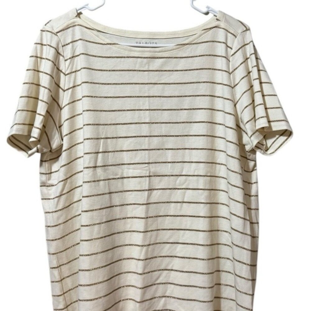 Talbots Women Size 1X Short Sleeve T Shirt Gold Striped Cotton Blend Casual City